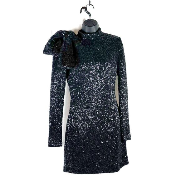 Rebecca Vallance Black Bow Sequin Long Sleeve Mock Neck Mica Mini Dress US 6 - Picture 2 of 10